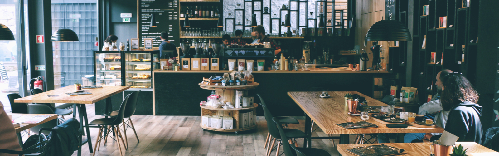 industrial rustic cafe with community tables