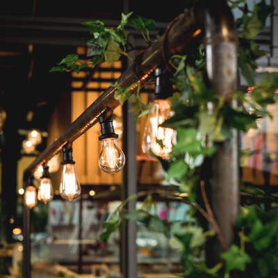 metal patio railing with incandescent lightbulbs and ivy