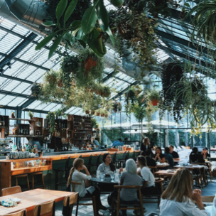 dining room in a greenhouse-like stucture with plants hanging from the ceiling